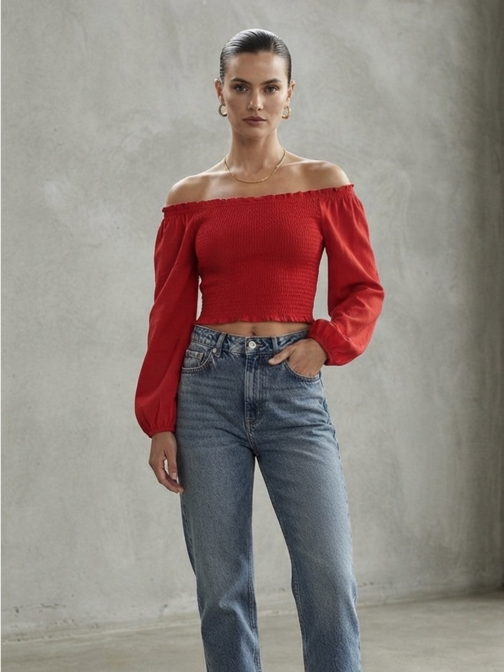 H&M Red Off The Shoulder Long Sleeve Crop Top Size Extra Small